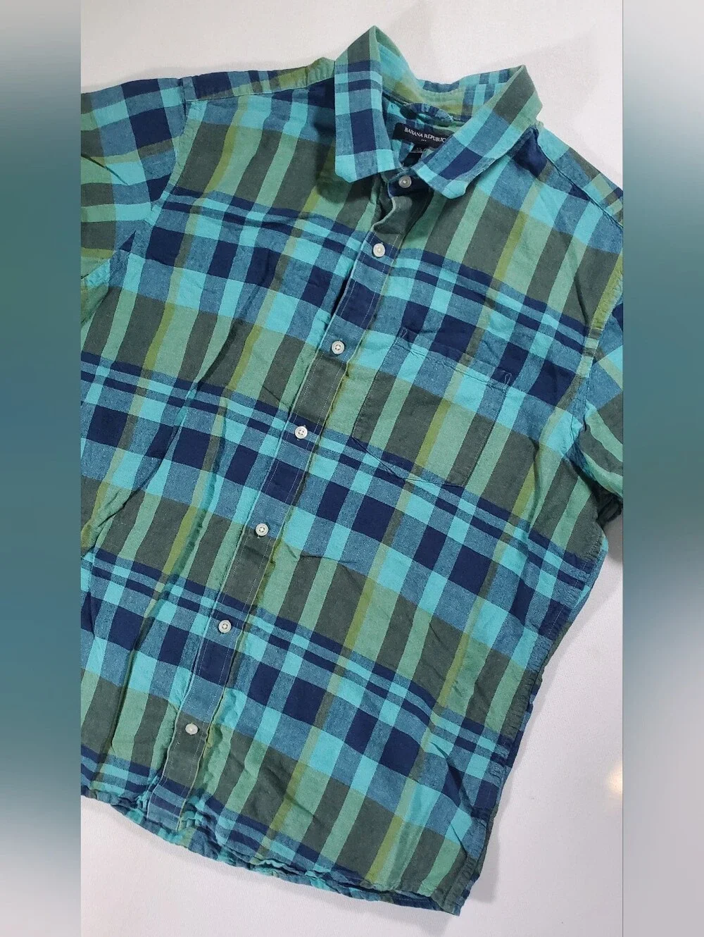 Banana Republic Mens XL Shirt Blue Green Plaid Linen Cotton Short Sleeve Pocket